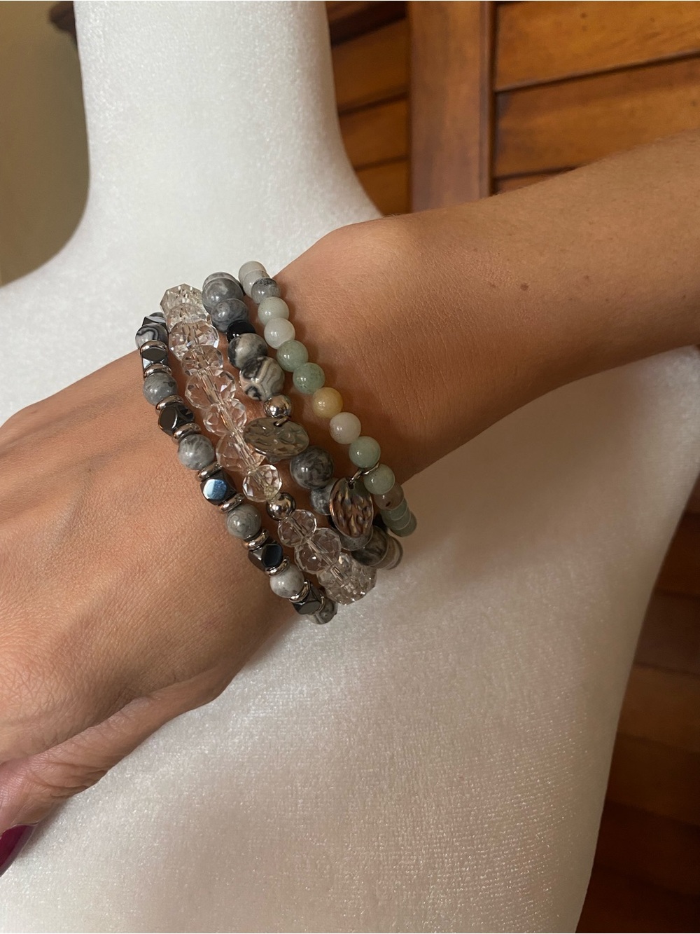 Semi Precious Stone Stackable Beaded Bracelets - Mixed Neutral Tones